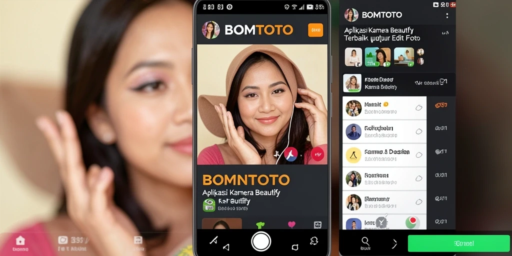 Antarmuka aplikasi BOMTOTO menampilkan fitur Kamera Beautify yang menarik.