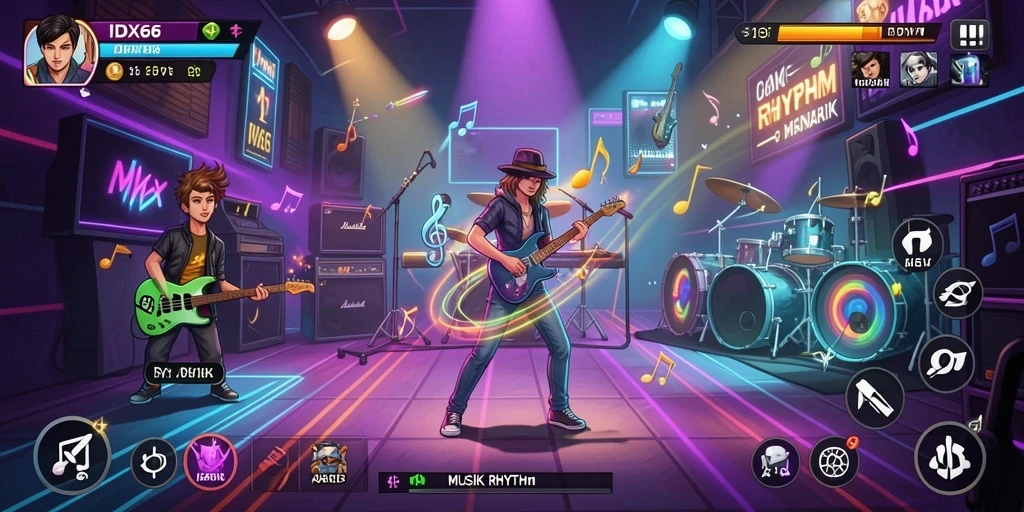 Antarmuka game Musik Rhythm IDX66 yang dinamis dan interaktif.