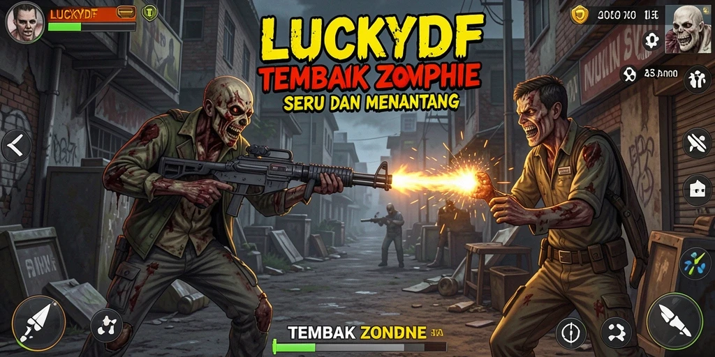 Antarmuka permainan LUCKYDF dengan karakter dan zombie beraksi.